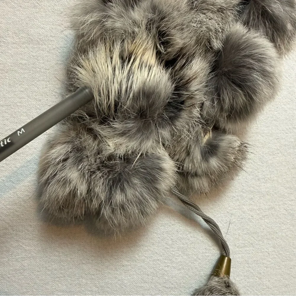 Genuine Rabbit Fur Pom Pom Scarf Silver Gray Frost Mobwife Old Hollywood Glam